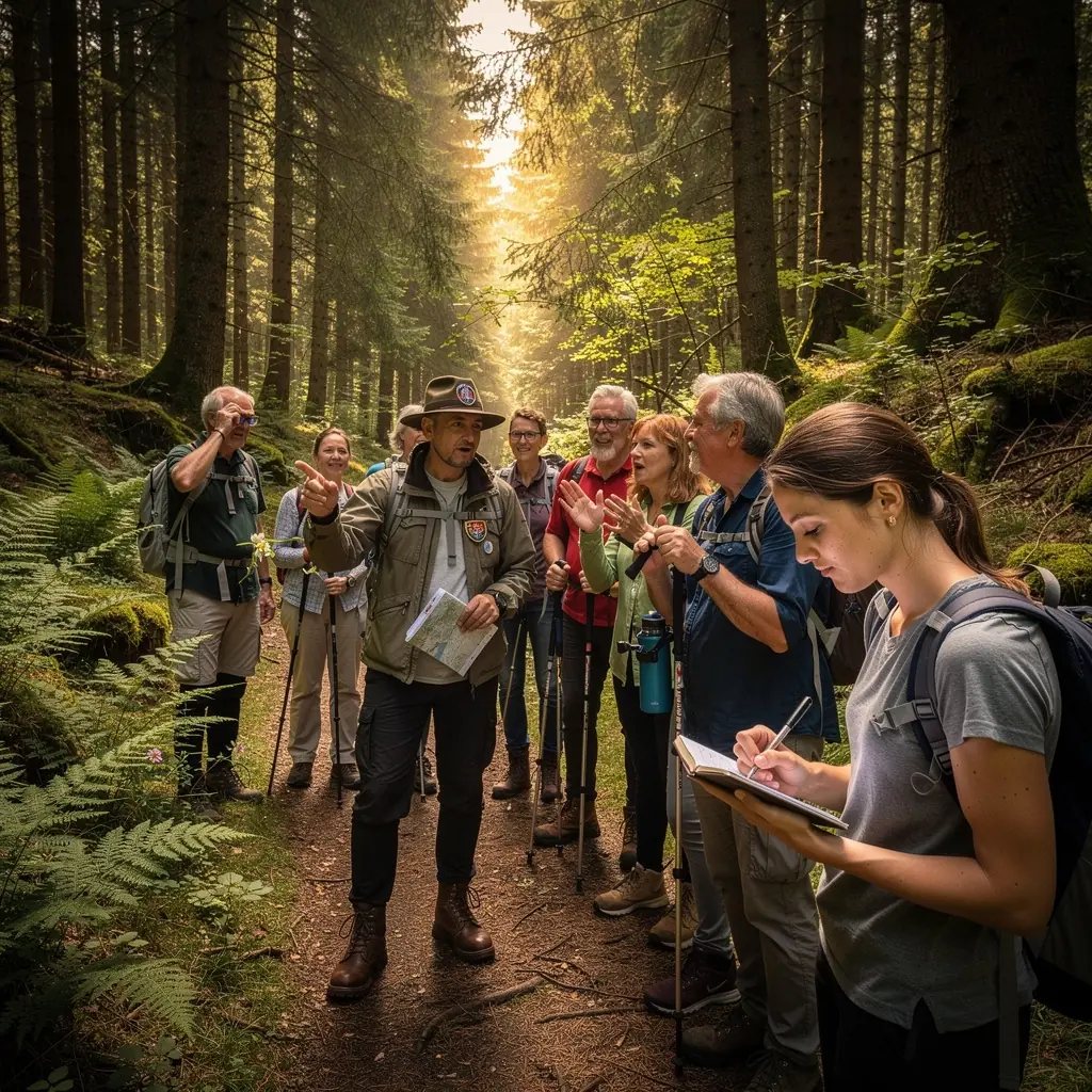 Traditionelles Dorf mit Fachwerkhäusern und einer großen Kuckucksuhr auf dem Dorfplatz.
