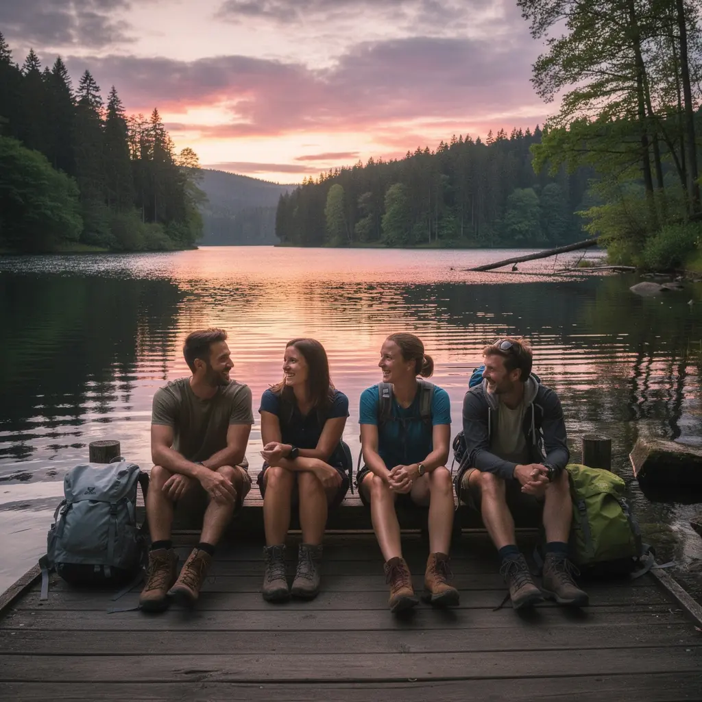 Ein Gruppenfoto von Touristen, die an einer Wanderung durch die idyllischen Dörfer teilnehmen.
